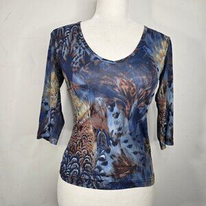 Vintage 90s Y2K Navy Feather Peacock Painting Micro Mesh Sheer Top USA